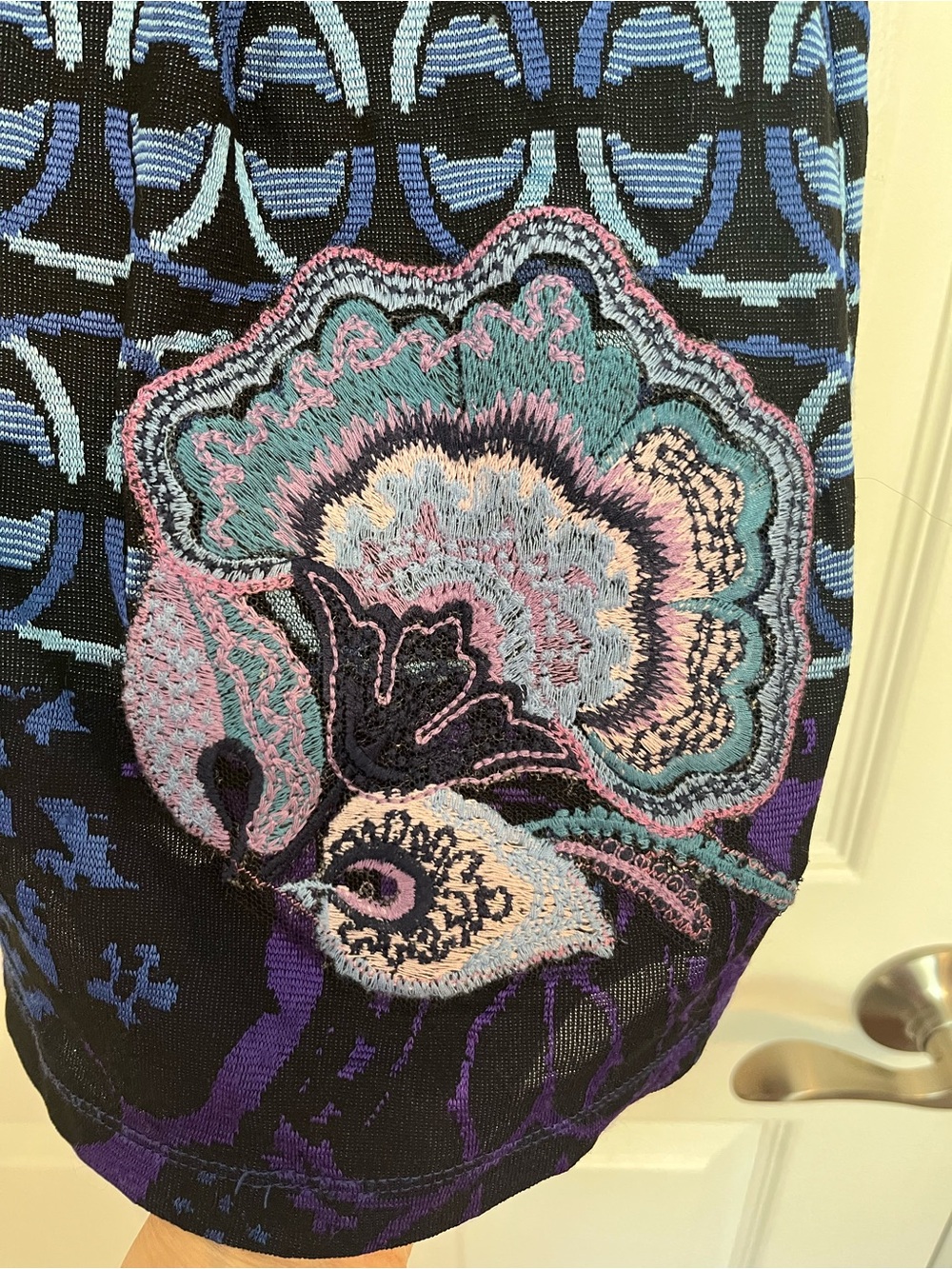 Desigual Blue Patterned Dress with Red Band and Embroidered Detailing - Picture 8 of 11